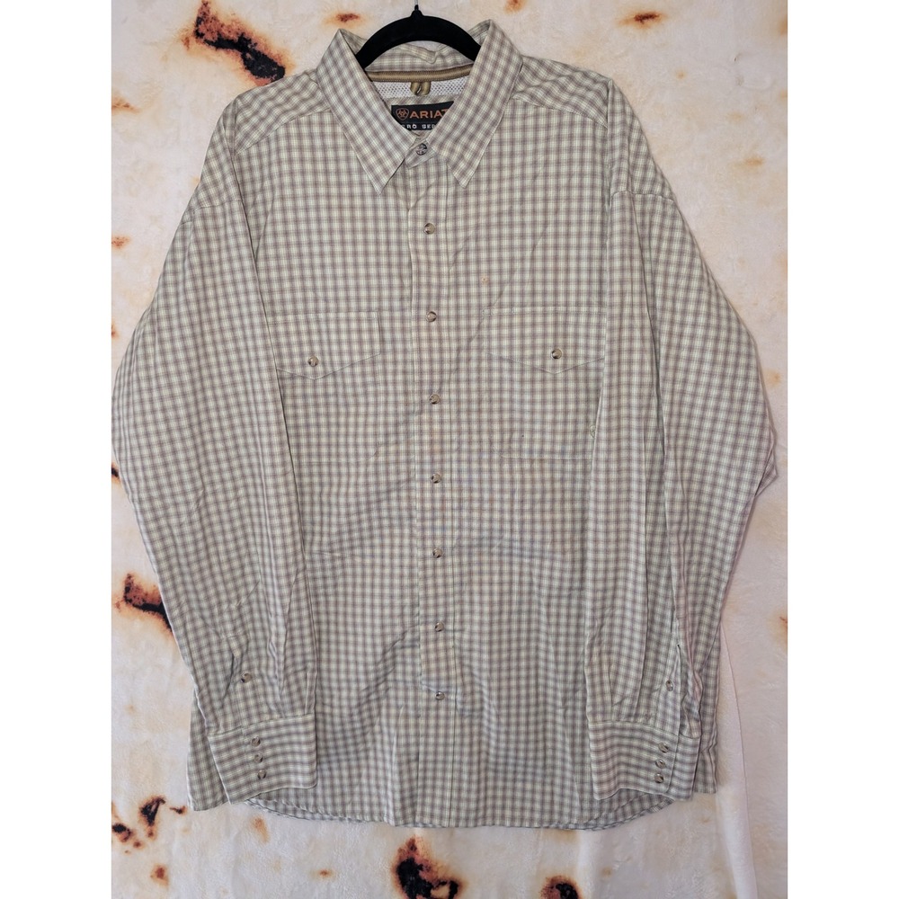 Ariat Shirt Mens XL Tan Green Plaid Pro Series Western Snap Button Down 10009070